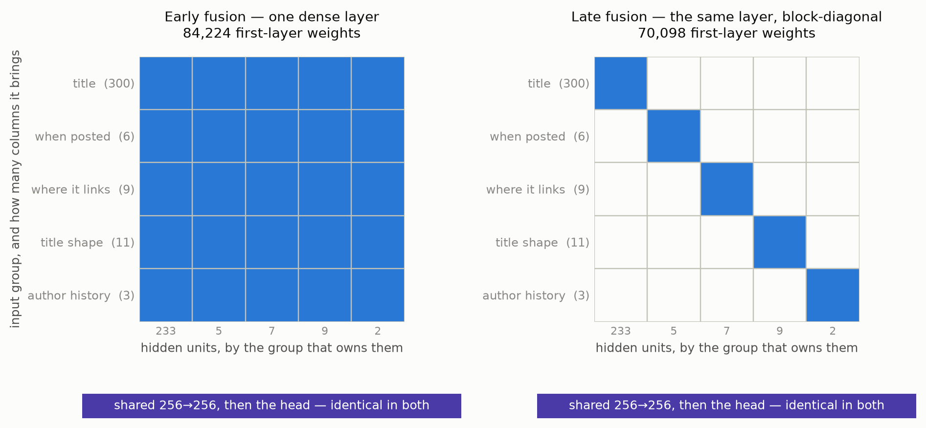 Two five-by-five grids over a shared bar. Early fusion fills all twenty-five cells, connecting every input group to every hidden unit; late fusion fills only the five on the diagonal, so each input group reaches only its own share. Underneath, both carry an identical shared layer.