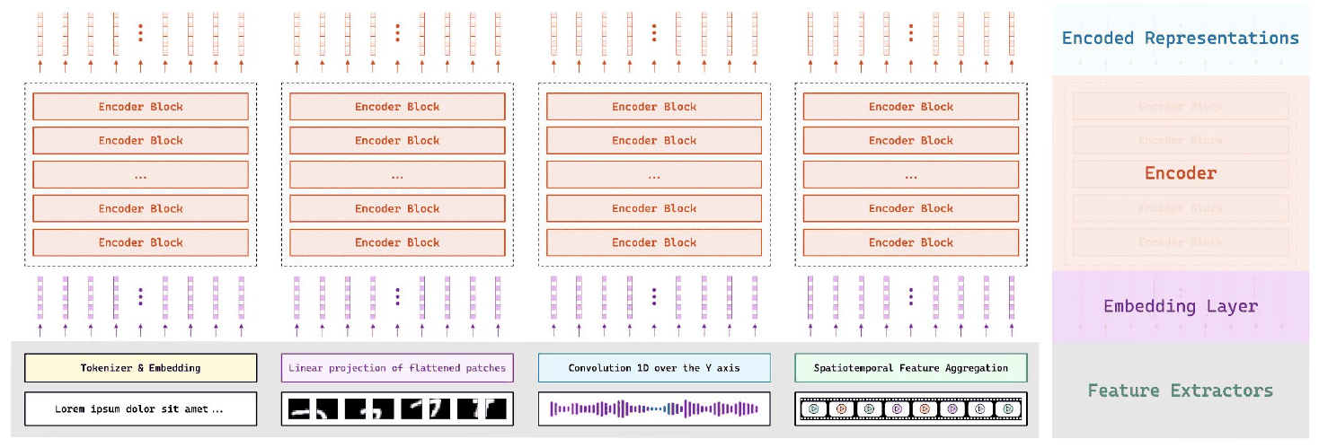 Four different feature extractors side by side, all feeding into the same box labelled Encoded Representations: a tokenizer and embedding for text, a linear projection of flattened patches for images, a 1-D convolution over the Y axis for audio, and a quantised feature aggregation.