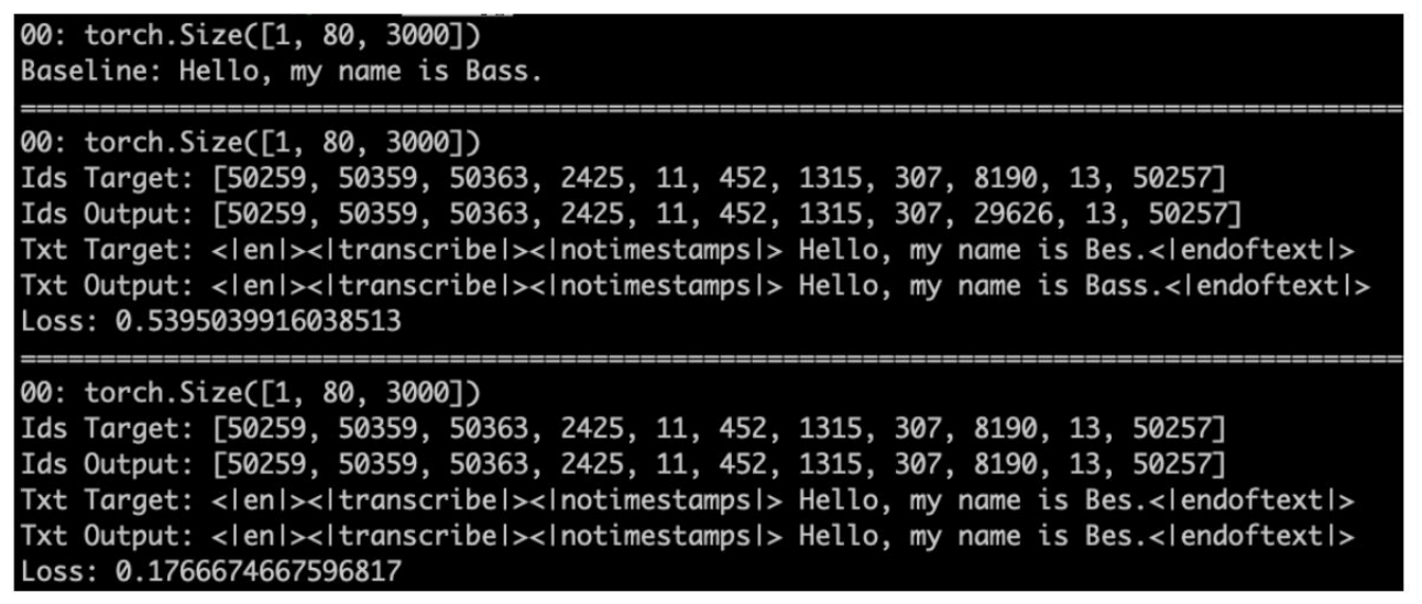 Tune result: the baseline transcription "Hello, my name is Bess." against the target "Hello, my name is Bes.", with target and output token ids and the loss falling from 0.5395 to 0.1766.